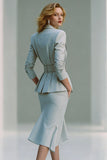 Grey Pencil Peak Lapel 2 Piece Midi Business Suits with Belt
