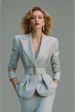 Grey Pencil Peak Lapel 2 Piece Midi Business Suits with Belt