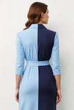 Navy Blue Patchwork Peak Lapel Midi Blazer Dress with Bow
