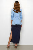Navy Blue Pencil 2 Piece Notched Lapel Long Business Suits with Slit