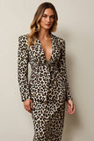 Coffee Leopard Shawl Lapel 2 Piece Pencil Work Dress