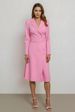 Pink Bodycon Notched Lapel Midi Work Dress with Belt