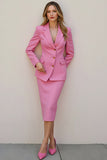 Pink 2 Piece Satin Pencil Single Breasted Midi Business Suits