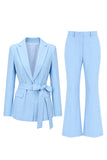 Blue 2 Piece Satin Peak Lapel Business Suits with Sash