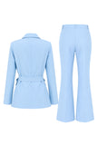 Blue 2 Piece Satin Peak Lapel Business Suits with Sash