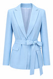 Blue 2 Piece Satin Peak Lapel Business Suits with Sash