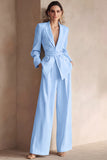 Blue 2 Piece Satin Peak Lapel Business Suits with Sash