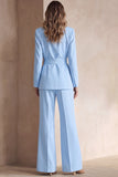 Blue 2 Piece Satin Peak Lapel Business Suits with Sash