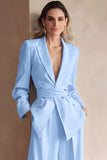 Blue 2 Piece Satin Peak Lapel Business Suits with Sash