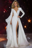 White Mermaid Long Sleeve Pageant Dress with Sash
