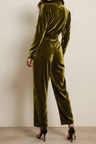 Green Velvet Peak Lapel Long Sleeves Jumpsuits