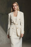 Ivory 2 Piece Notched Lapel Pencil Midi Business Suits