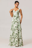 Green Floral Ruffled Corset A Line Long Bridesmaid Dress