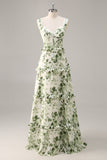 Green Floral Ruffled Corset A Line Long Bridesmaid Dress