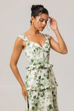 Green Floral Ruffled Corset A Line Long Bridesmaid Dress