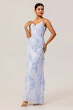Blue Floral Ruffled Sheath Printed Wedding Guest Dress