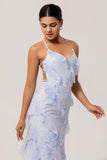 Blue Floral Ruffled Sheath Printed Wedding Guest Dress