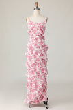 Blush Flower Sheath Spaghetti Straps Ruffled Long Wedding Guest Dress with Slit
