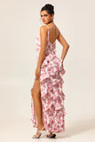 Blush Floral Sheath Ruffled Long Wedding Guest Dress with Slit