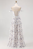 Purple Floral Off The Shoulder A Line Bridesmaid Dress with Lace Up Back