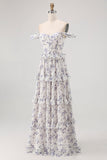 Purple Floral Off The Shoulder A Line Bridesmaid Dress with Lace Up Back