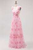 Blush Floral Printed A Line Tulle Long Bridesmaid Dress with Ruffles