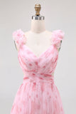 Blush Floral Printed A Line Tulle Long Bridesmaid Dress with Ruffles