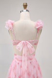 Blush Floral Printed A Line Tulle Long Bridesmaid Dress with Ruffles