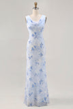 Blue Floral Sheath Cowl Neck Long Wedding Guest Dress