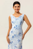 Blue Floral Sheath Cowl Neck Long Wedding Guest Dress