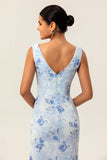 Blue Floral Sheath Cowl Neck Long Wedding Guest Dress