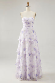 Tiered Lavender Flower A Line Strapless Pleated Bridesmaid Dress