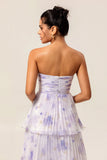 Strapless Lavender Floral A Line Tiered Pleated Bridesmaid Dress