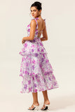 Purple Floral A Line Tiered Wedding Guest Dress with Straps Bows