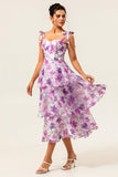 Purple Floral A Line Tiered Wedding Guest Dress with Straps Bows