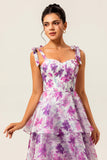 Purple Floral A Line Tiered Wedding Guest Dress with Straps Bows