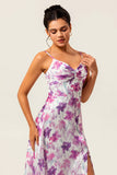 Purple Floral Printed Spaghetti Straps A Line Wedding Guest Dress