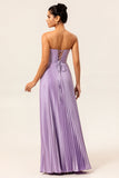 Strapless Lilac Pleated A Line Long Bridesmaid Dress