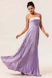 Strapless Lilac Pleated A Line Long Bridesmaid Dress