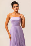Strapless Lilac Pleated A Line Long Bridesmaid Dress