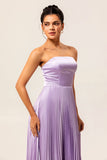 Strapless Lilac Pleated A Line Long Bridesmaid Dress