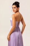 Strapless Lilac Pleated A Line Long Bridesmaid Dress