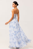 Strapless Blue Floral A Line Pleated Long Bridesmaid Dress