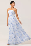 Strapless Blue Floral A Line Pleated Long Bridesmaid Dress