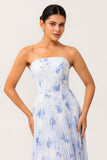 Strapless Blue Floral A Line Pleated Long Bridesmaid Dress