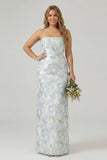 White Blue Floral Strapless Printed Sheath Bridesmaid Dress
