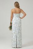 White Blue Floral Strapless Printed Sheath Bridesmaid Dress