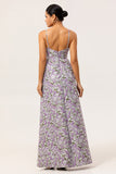 Purple Floral A Line Printed Spaghetti Straps Wedding Guest Dress