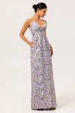 Purple Floral A Line Printed Spaghetti Straps Wedding Guest Dress