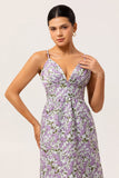Purple Floral A Line Printed Spaghetti Straps Wedding Guest Dress